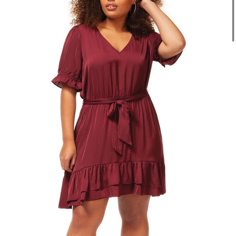 Burgundy dress with ruffles and tie waist.